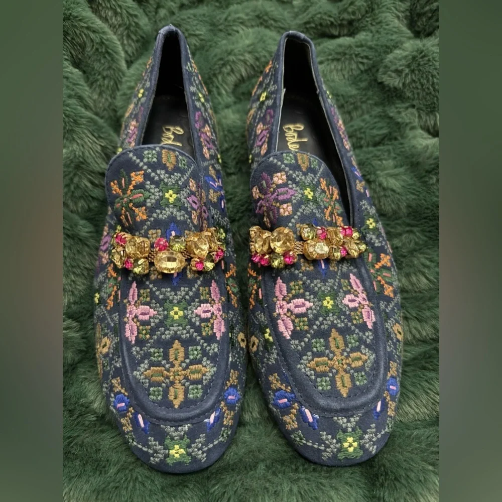 Boden navy embroidered embellished trim suede loafer size EU 37 US 6